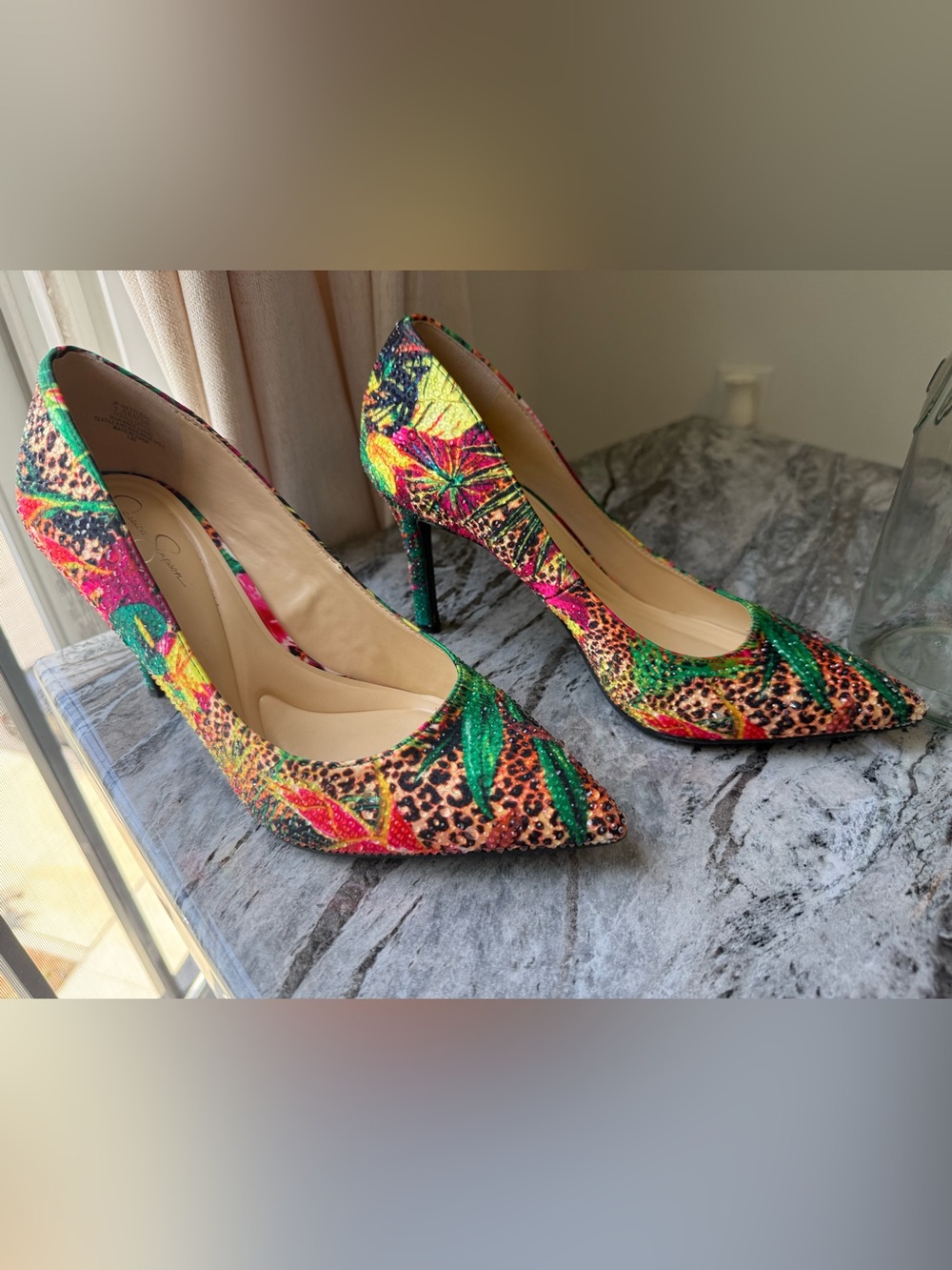 Jessica Simpson Multicolor Tropical Print Pointed Toe Heels - Picture 1 of 6